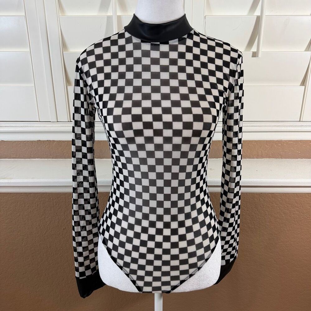 Dolls Kill Checkered Board Mesh Bodysuit Long Sleeve Festival Rave Mall Goth S